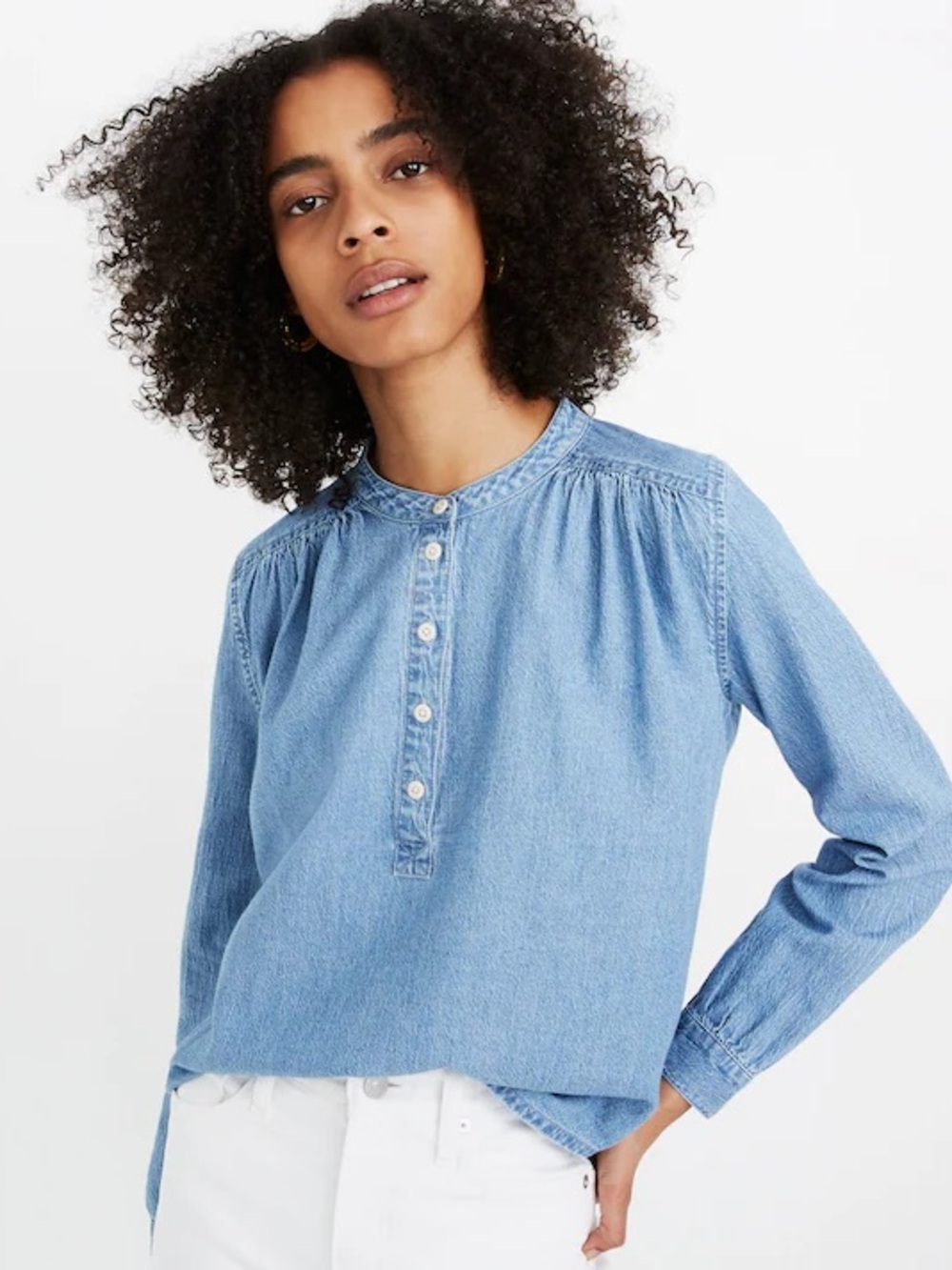 Madewell Denim Shirred Popover Top Emmie Wash 100% Cotton Size Medium